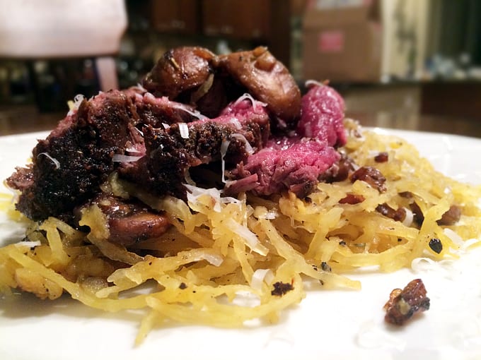 Elk Sirloin with Spaghetti Squash & Cremini Mushrooms