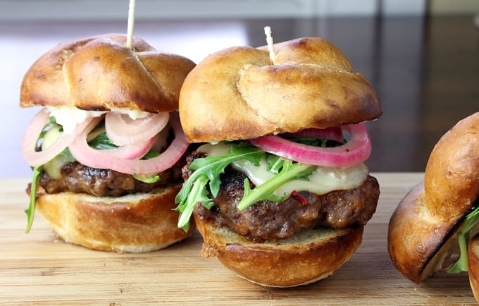 Chorizo Elk Sliders with Pickled Red Onion and Arugula