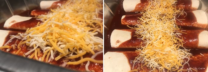 Prep and fill 8-10 flour tortillas with venison meat and fold into a burrito. Place in a large tin foil pan or baking dish. Pour sauce over the top of the burritos and garnish with shredded cheese. Cover with aluminum foil and bake at 375 degrees until sauce is bubbling and cheese is melted about 20 minutes.